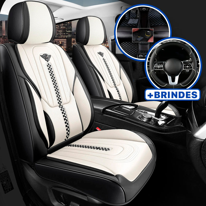 Capa Universal Completa Para Carro Izurus em Couro Legítimo e AirBag +BRINDES: 3 Tapetes Para Carro e Capa de Volante