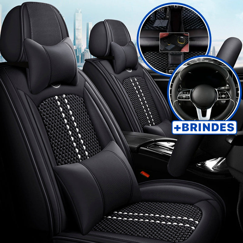 Capa Universal Completa Para Carro Evotek em Couro Legítimo e AirBag +BRINDES: 3 Tapetes Para Carro e Capa de Volante