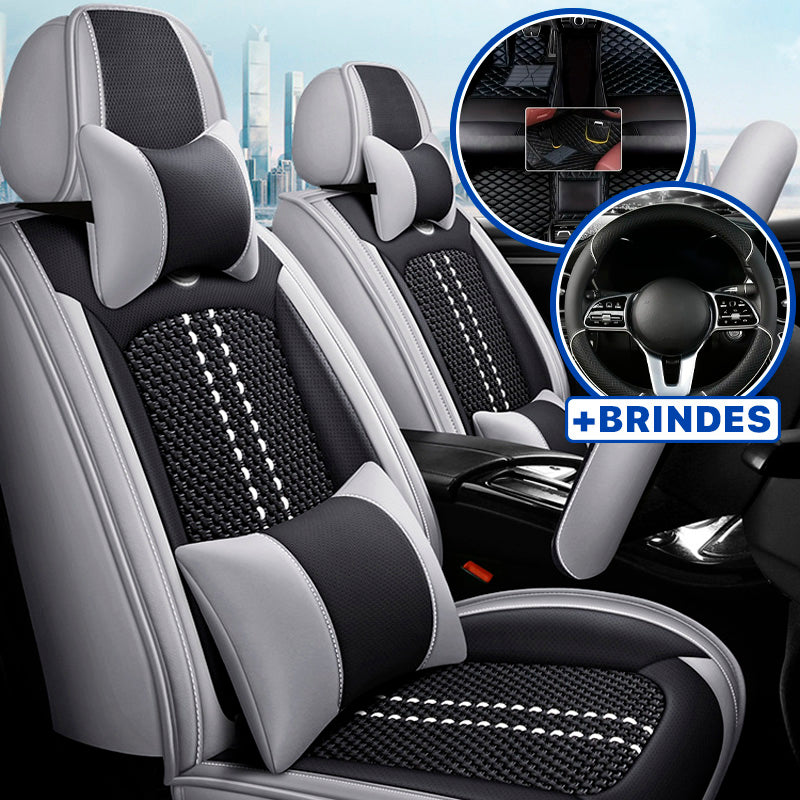 Capa Universal Completa Para Carro Evotek em Couro Legítimo e AirBag +BRINDES: 3 Tapetes Para Carro e Capa de Volante
