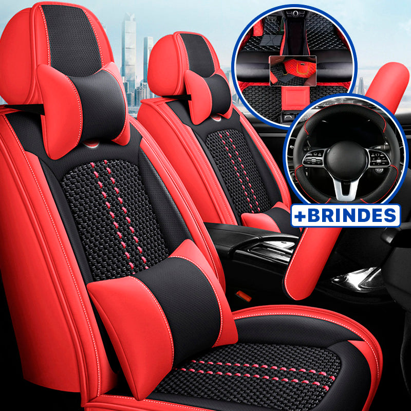 Capa Universal Completa Para Carro Evotek em Couro Legítimo e AirBag +BRINDES: 3 Tapetes Para Carro e Capa de Volante