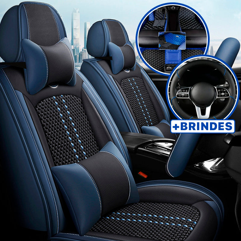 Capa Universal Completa Para Carro Evotek em Couro Legítimo e AirBag +BRINDES: 3 Tapetes Para Carro e Capa de Volante