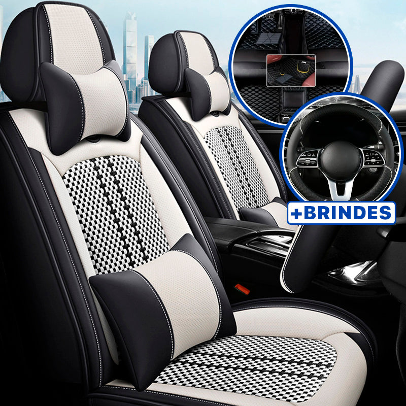 Capa Universal Completa Para Carro Evotek em Couro Legítimo e AirBag +BRINDES: 3 Tapetes Para Carro e Capa de Volante