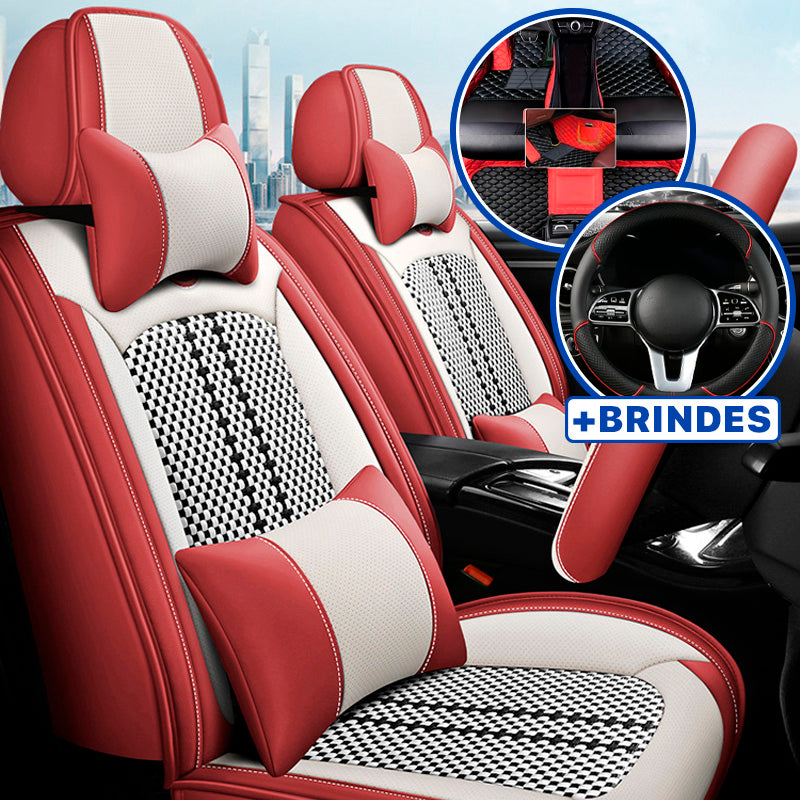 Capa Universal Completa Para Carro Evotek em Couro Legítimo e AirBag +BRINDES: 3 Tapetes Para Carro e Capa de Volante