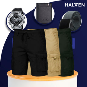 [Leve 3 Pague 2] Shorts Masculinos Selva em Tecido de Algodão e Poliéster (Qualidade e Robustez!) +BRINDES: Relógio, Cinto e Carteira